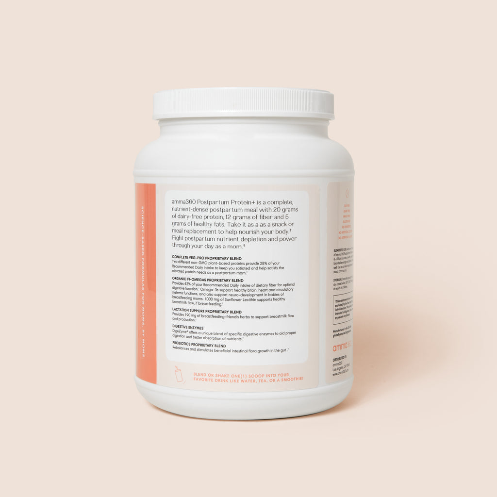 Product photo: Postpartum Protein+ brand story and ingredient details. Vanilla flavor. 20 grams of protein per serving. Nourishes and energizes postnatal moms. Supports breastmilk production. Plant based formula. Third party tested. Dairy free. Gluten free. Soy free. Fenugreek free. Dietary supplement. Postnatal formula. amma360.