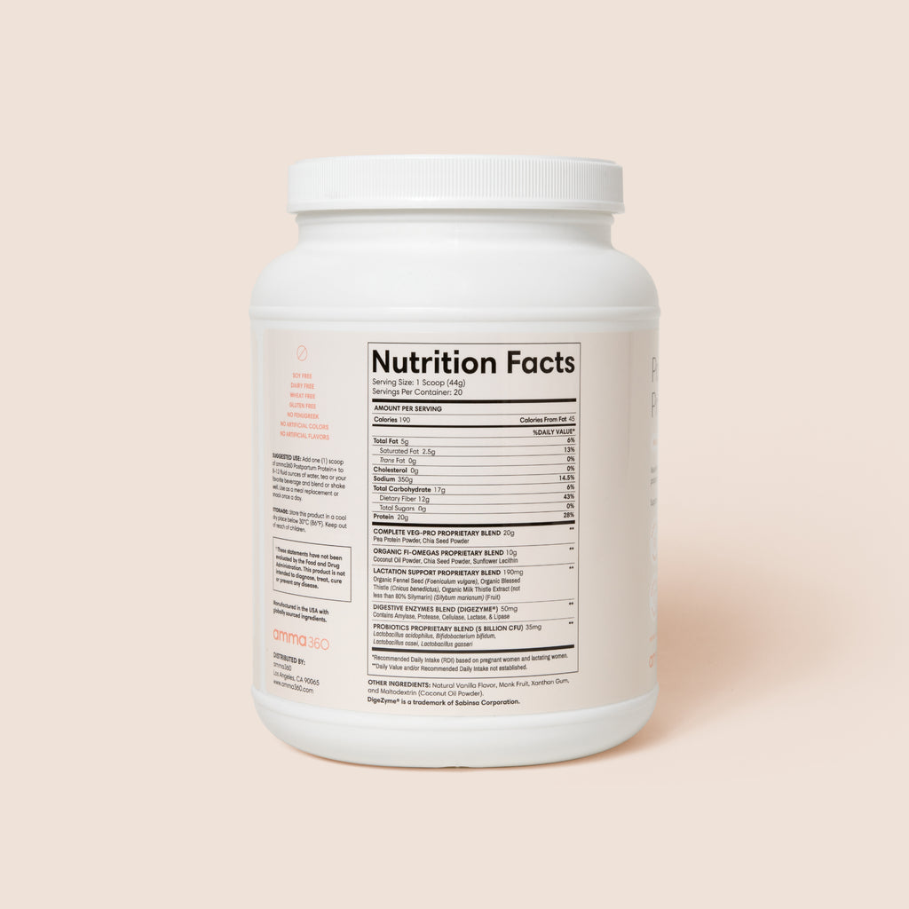 Product photo: Postpartum Protein+ Nutrition Facts. Vanilla flavor. 20 grams of protein per serving. Nourishes and energizes postnatal moms. Supports breastmilk production. Plant based formula. Third party tested. Dairy free. Gluten free. Soy free. Fenugreek free. Dietary supplement. Postnatal formula. amma360.