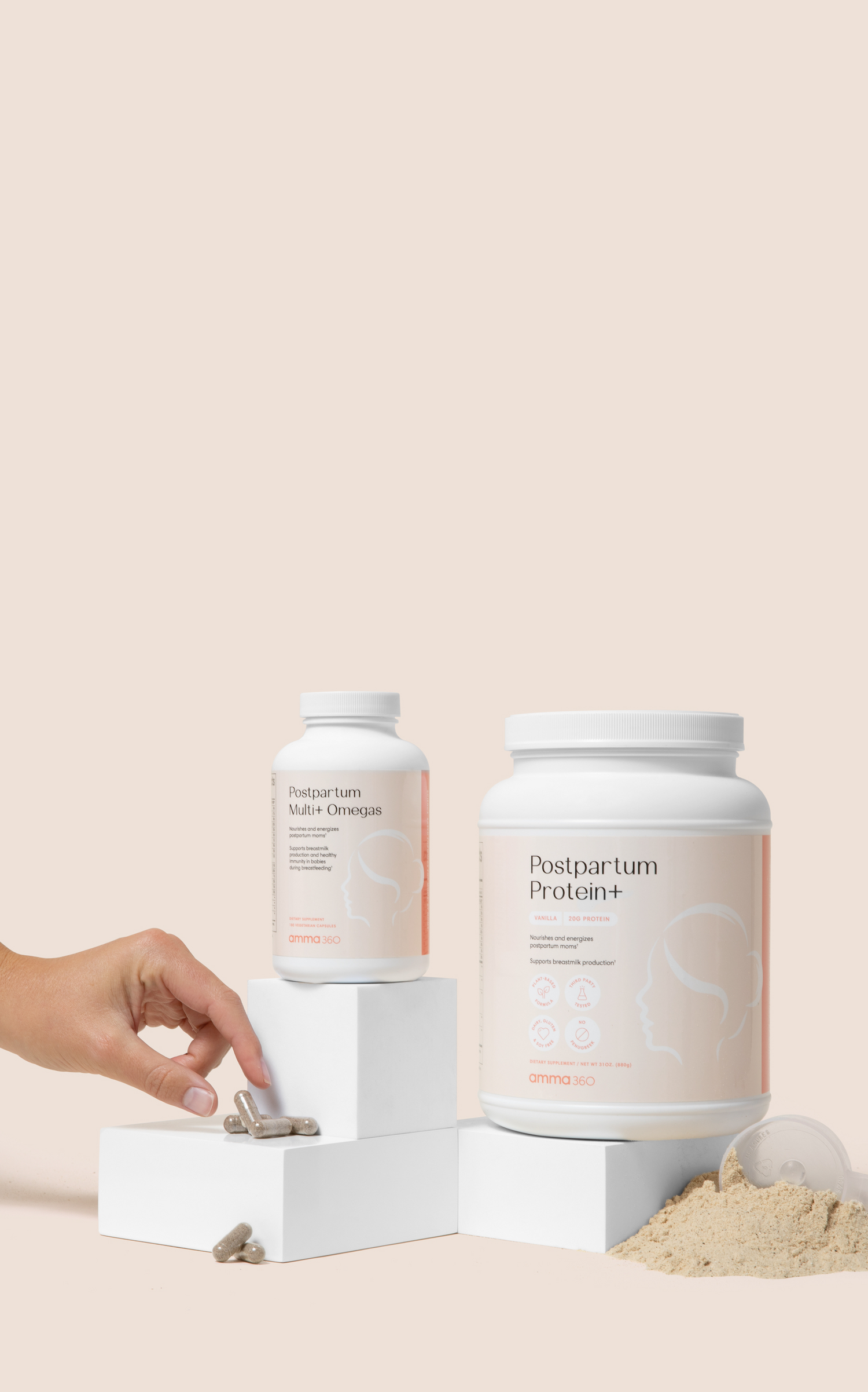 Postpartum product bundle image with hand reaching for capsule and protein powder