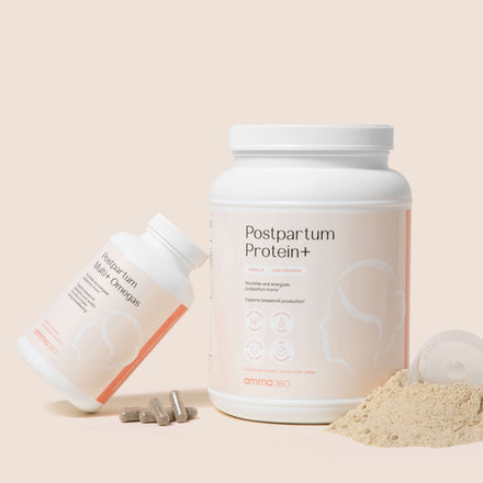 Postpartum Protein+ and Multi+ Omegas with capsules and protein powder on the tabletop