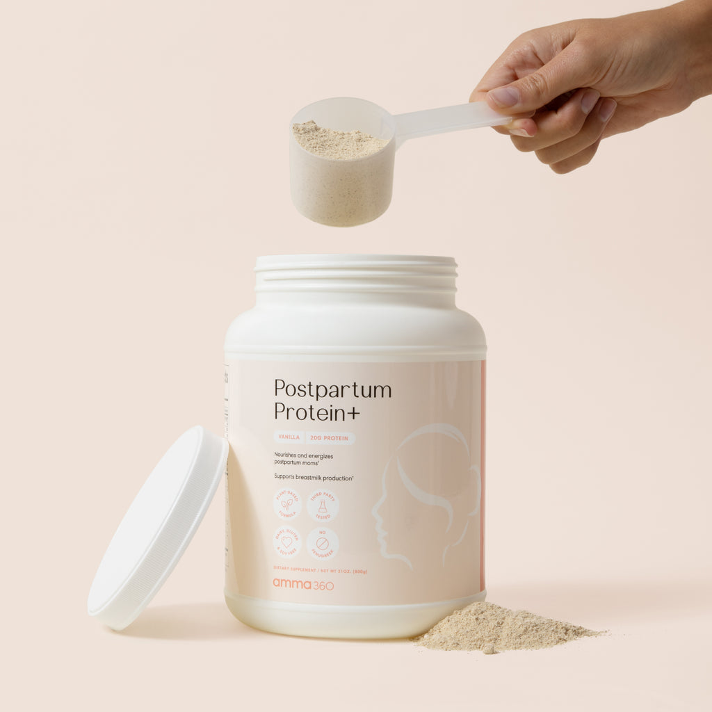 Product photo: Postpartum Protein+ powder shown in scooper in hand of model. Vanilla flavor. 20 grams of protein per serving. Nourishes and energizes postnatal moms. Supports breastmilk production. Plant based formula. Third  party tested. Dairy free. Gluten free. Soy free. No fenugreek. Dietary supplement. Postnatal formula. amma360
