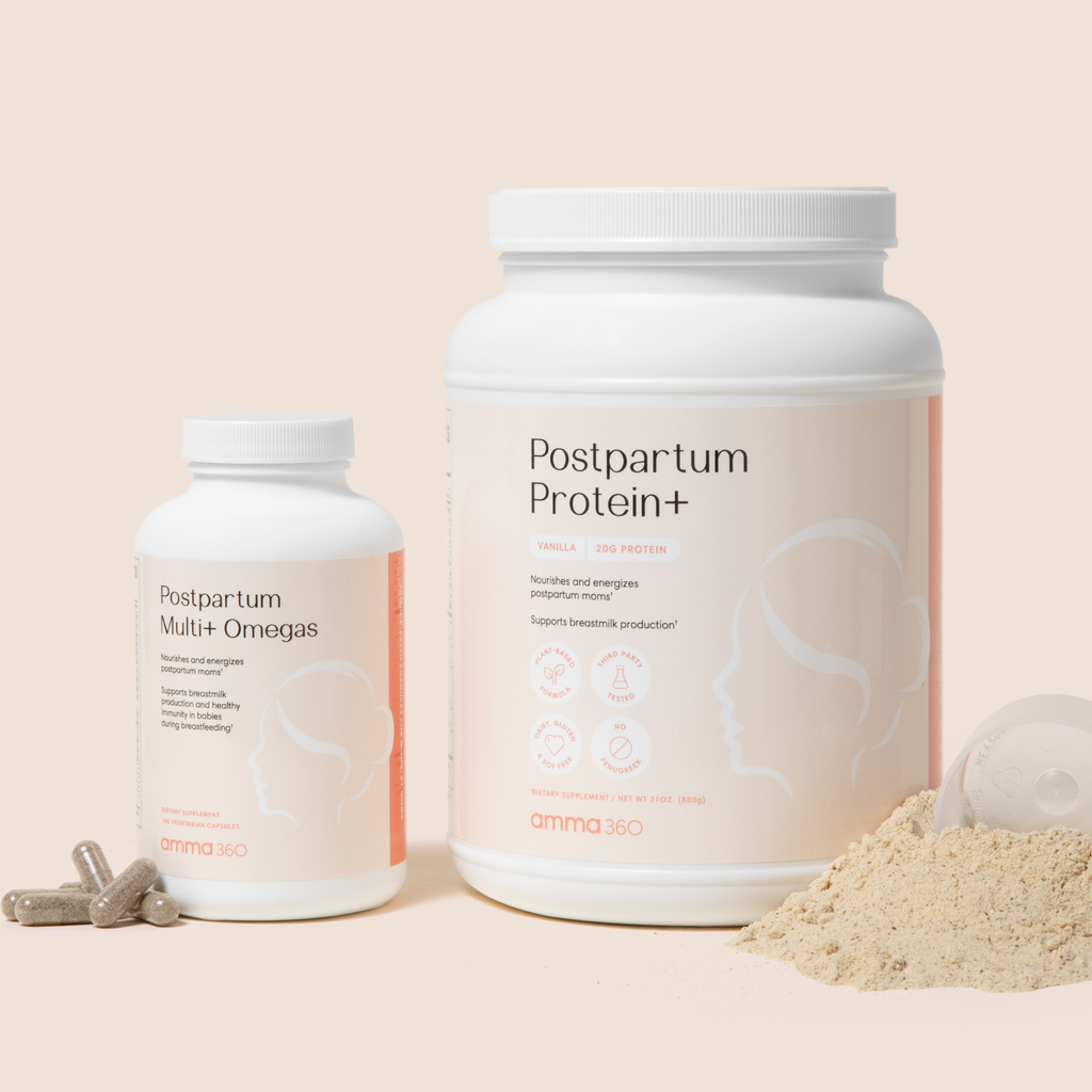 Product photo: Postpartum Bundle frontal view. Includes Postpartum Multi+ Omegas and Postpartum Protein+. Energize, heal, and nourish  your postnatal body, and assist birth recovery with a comprehensive postnatal multivitamin and a complete, nutrient-rich postnatal meal supplement. Support your postnatal body to fight nutrient depletion, power through your day as a mom, promote a healthy immunity, and support lactation, if breastfeeding.