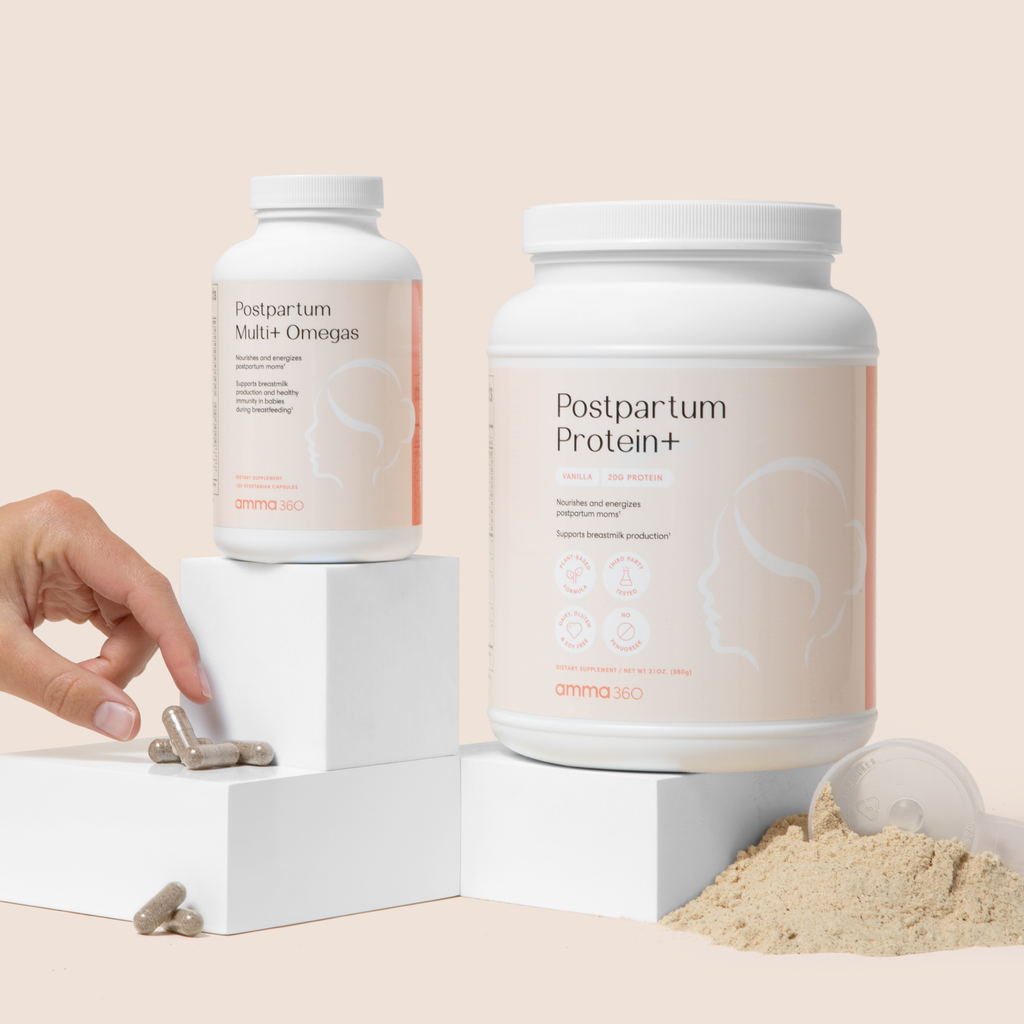 Product photo: Postpartum Bundle frontal view with hand reaching for capsule and protein powder on tabletop. Includes Postpartum Multi+ Omegas and Postpartum Protein+. Energize, heal, and nourish your postnatal body, and assist birth recovery with a comprehensive postnatal multivitamin and a complete, nutrient-rich postnatal meal supplement. Support your postnatal body to fight nutrient depletion, power through your day as a mom, promote a healthy immunity, and support lactation, if breastfeeding.