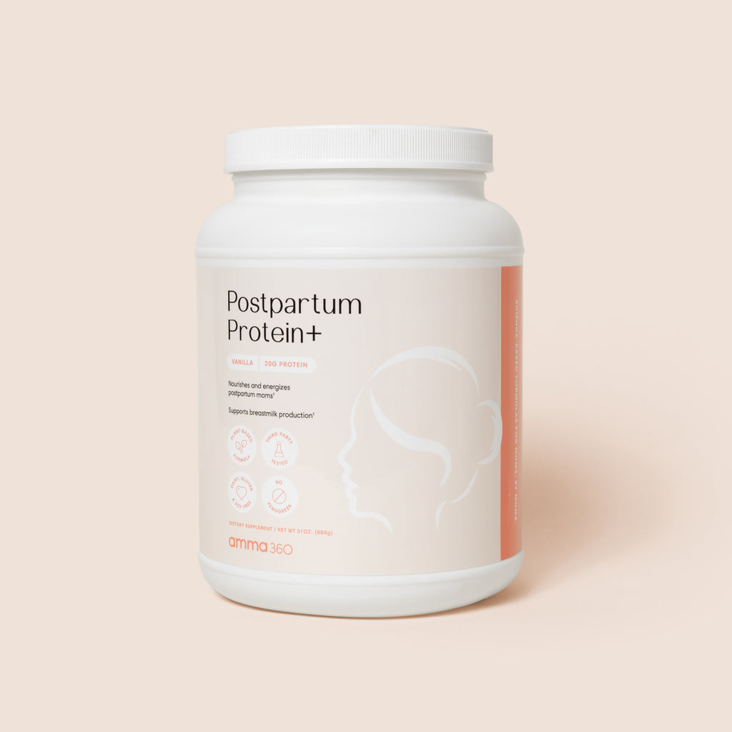 Product photo: Postpartum Protein+ frontal view. Vanilla flavor. 20 grams of protein per serving. Nourishes and energizes postnatal moms. Supports breastmilk production. Plant based formula. Third party tested. Dairy free. Gluten free. Soy free. Fenugreek free. Dietary supplement. Postnatal formula. amma360.