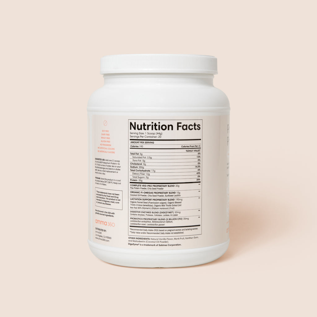 Product photo: Postpartum Protein+ nutrition facts. Vanilla flavor. 20 grams of protein per serving. Nourishes and energizes postnatal moms. Supports breastmilk production. Plant based formula. Third party tested. Dairy free. Gluten free. Soy free. Fenugreek free. Dietary supplement. Postnatal formula. amma360.