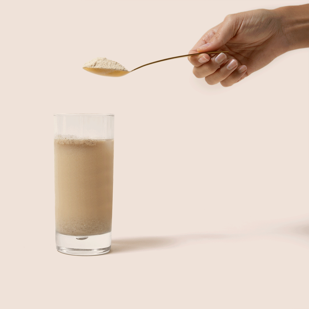 Product photo: Postpartum Protein+ motion graphic of hand stirring protein powder in a glass of water. Product photo: Postpartum Protein+ powder shown in scooper in hand of model. Vanilla flavor. 20 grams of protein per serving. Nourishes and energizes postnatal moms. Supports breastmilk production. Plant based formula. Third  party tested. Dairy free. Gluten free. Soy free. No fenugreek. Dietary supplement. Postnatal formula. amma360. 