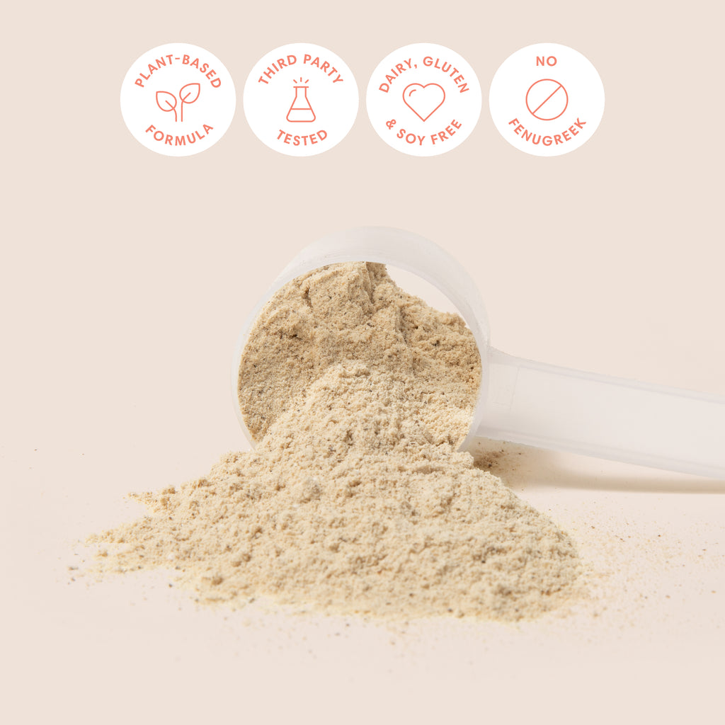 Product photo: Postpartum Protein+ powder on tabletop. Plant-based formula. Third party tested. Dairy free. Gluten free. Soy free. No fenugreek. Vanilla flavor. 20 grams of protein per serving. Nourishes and energizes postnatal moms. Supports breastmilk production. Dietary supplement. Postnatal formula. amma360.